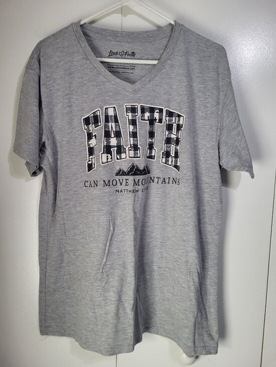 Love In Faith Tops - Love in Faith Women's L Gray V Neck Shirt Matthew 17:20 Faith can move mountains